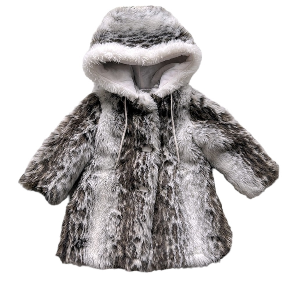 Vintage Girl Toddler Faux Fur Coat Brown/White Animal Print Hood Size 2T